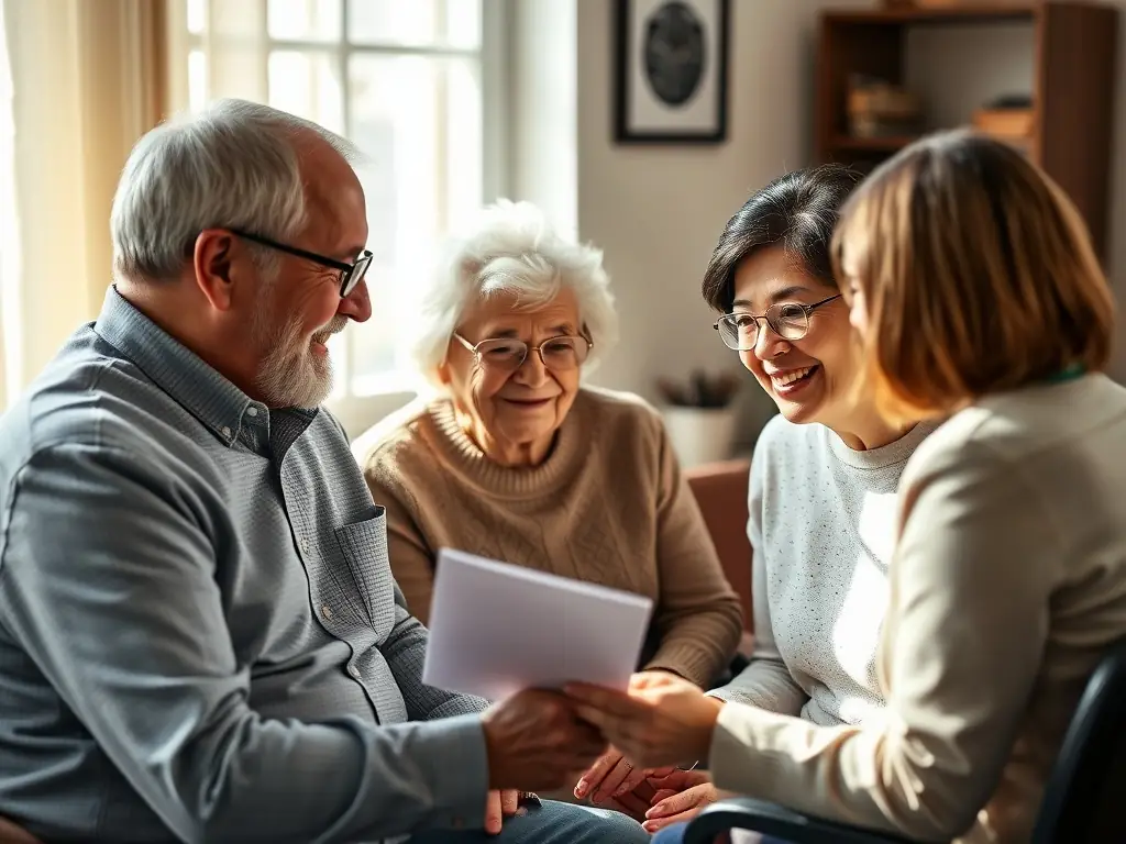 A senior couple smiling and discussing their Medicare options with a Sheahan Agency representative in a bright, modern office setting. The focus is on trust and personalized service.