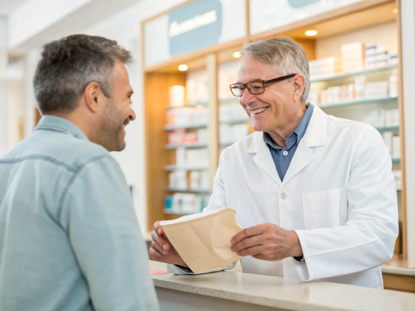 A pharmacist handing a prescription to a senior, emphasizing the importance of affordable medication coverage.