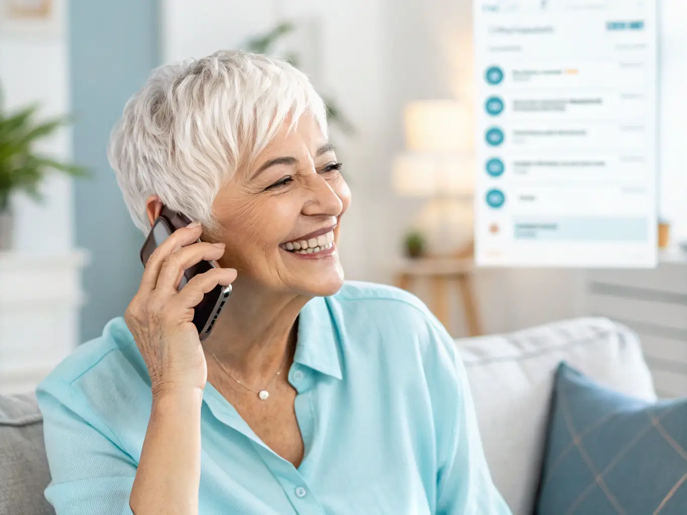 A senior woman is confidently talking on the phone with a Sheahan Agency representative, discussing her Medicare coverage options.