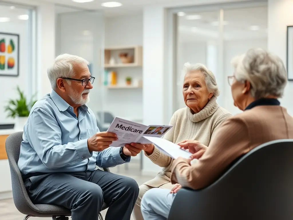 A senior couple reviewing Medicare plan options with a Sheahan Agency representative in a bright, modern office setting. The atmosphere is friendly and informative.
