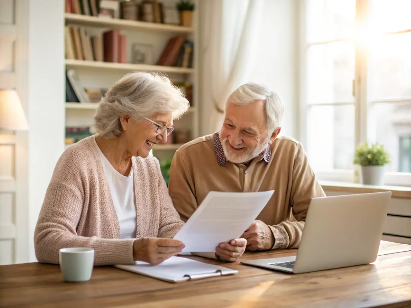 A friendly agent from Sheahan Agency is sitting at a table with a senior couple, reviewing Medicare plan options and smiling, in a well-lit office setting.